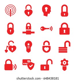 Padlock icons set. set of 16 padlock filled icons such as lock, opened lock, heart lock, keyhole in head, key, keyhole, gear keyhole