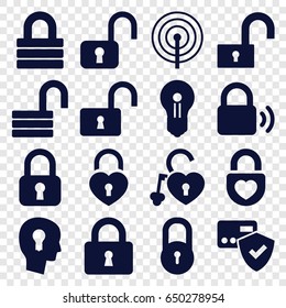 Padlock icons set. set of 16 padlock filled icons such as lock, opened lock, keyhole in head, keyhole