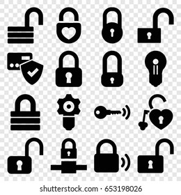 Padlock icons set. set of 16 padlock filled icons such as lock, opened lock, key, keyhole, gear keyhole