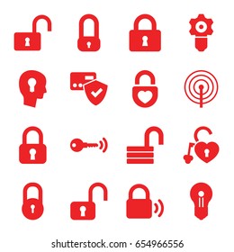 Padlock icons set. set of 16 padlock filled icons such as lock, opened lock, keyhole in head, key, keyhole, gear keyhole