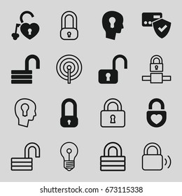 Padlock icons set. set of 16 padlock filled and outline icons such as opened lock, heart lock, keyhole in head, card protection