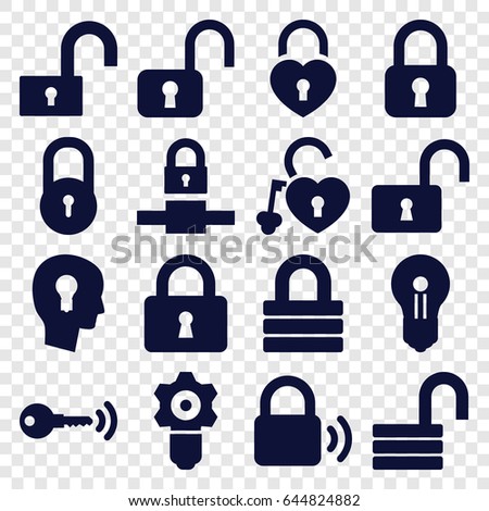 Padlock icons set. set of 16 padlock filled icons such as lock, opened lock, keyhole in head, key, keyhole