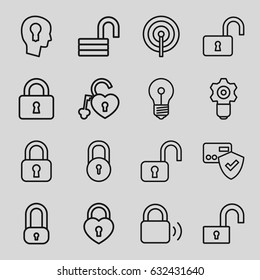 Padlock icons set. set of 16 padlock outline icons such as lock, opened lock, keyhole in head, card protection, gear keyhole