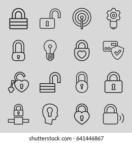 Padlock icons set. set of 16 padlock outline icons such as lock, opened lock, heart lock, keyhole in head, card protection, gear keyhole