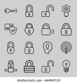 Padlock icons set. set of 16 padlock outline icons such as lock, heart lock, keyhole in head, key, card protection, gear keyhole, open lock