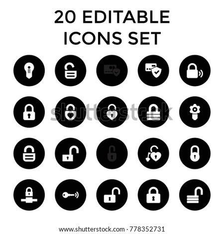Padlock icons. set of 20 editable filled padlock icons such as lock, opened lock, card protection, gear keyhole, heart lock. best quality padlock elements in trendy style.