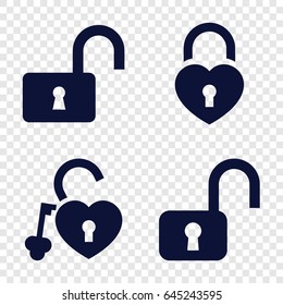 Iconos Padlock. conjunto de 4 iconos rellenos de candado como bloqueo abierto, bloqueo de corazón