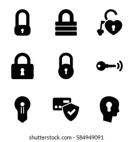 padlock icons set. Set of 9 padlock filled icons such as lock, heart lock, keyhole in head, key, keyhole