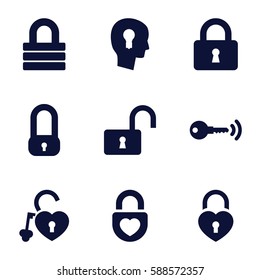 padlock icons set. Set of 9 padlock filled icons such as lock, opened lock, heart lock, keyhole in head