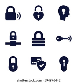 padlock icons set. Set of 9 padlock filled icons such as lock, heart lock, keyhole in head, key, keyhole