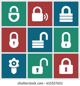 Padlock icons set. set of 9 padlock filled icons such as lock, opened lock