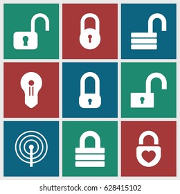 Padlock icons set. set of 9 padlock filled icons such as lock, opened lock