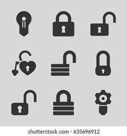 Padlock icons set. set of 9 padlock filled icons such as lock, opened lock, keyhole