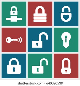 Padlock icons set. set of 9 padlock filled icons such as lock, opened lock, heart lock, key