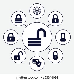 Padlock icons set. set of 9 padlock filled icons such as lock, opened lock