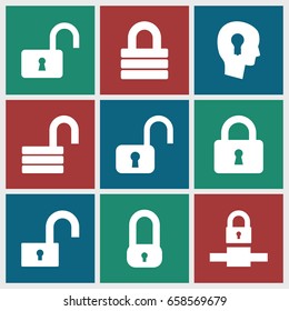 Padlock icons set. set of 9 padlock filled icons such as lock, opened lock, keyhole in head