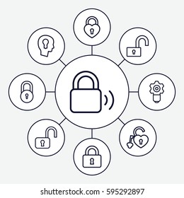 padlock icons set. Set of 9 padlock outline icons such as lock, heart lock, keyhole in head, gear keyhole