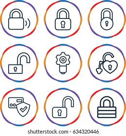 Padlock icons set. set of 9 padlock outline icons such as lock, heart lock, card protection, gear keyhole