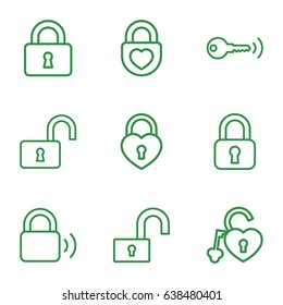 Padlock icons set. set of 9 padlock outline icons such as lock, opened lock, heart lock