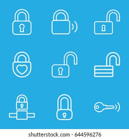 Padlock icons set. set of 9 padlock outline icons such as opened lock, heart lock