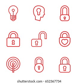 Padlock icons set. set of 9 padlock outline icons such as lock, heart lock, keyhole in head, open lock