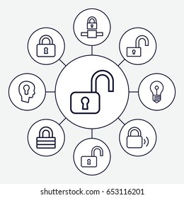 Padlock icons set. set of 9 padlock outline icons such as lock, opened lock, keyhole in head, open lock