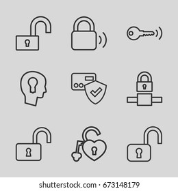 Padlock icons set. set of 9 padlock outline icons such as opened lock, heart lock, keyhole in head, key