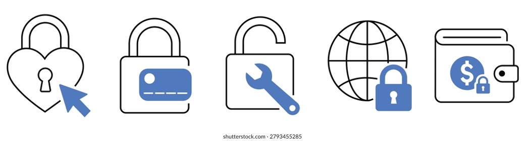 Padlock Icons Set Heart Cursor Wrench Globe Wallet Blue Outline Vector Security Finance Digital Concept