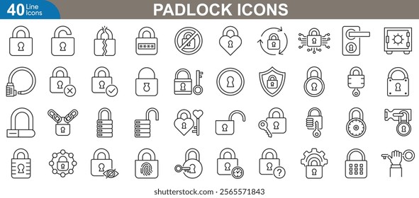 Padlock icons set. Security, privacy, lock, safety, protection, key, cybersecurity, authorization and more. Simple outline icon vector illustration.