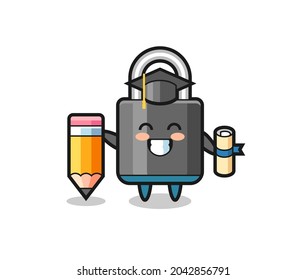 padlock illustration cartoon is graduation with a giant pencil , cute style design for t shirt, sticker, logo element