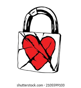 Padlock With The Image Of A Broken Red Heart.vector Illustration On A White Background.modern Typography Design Perfect For Tattoo,greeting Card,web Design,t Shirt,poster,banner,sticker,etc