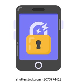Padlock im Handy mit flachem Symbol für geknacktes Handy-Schloss 