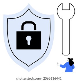 A padlock inside a shield, large wrench nearby, and a person pointing. Ideal for cybersecurity, online protection, digital maintenance, technology services, and data safety. Simple, modern vector