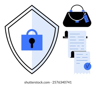 A padlock inside a shield symbolizes security nearby a shopping bag and billing receipt emphasize protection in online transactions. Ideal for e-commerce, cybersecurity, data privacy, financial