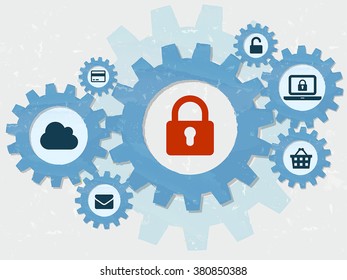 padlock and internet signs in grunge flat design gear wheels infographic, technical security concept symbols, vector