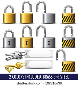 Padlock and Key in Brass and Steel - All items in the vector file are on individual layers