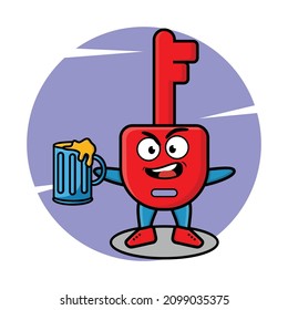 Padlock key cartoon mascot character with beer glass and cute stylish design for t-shirt, sticker, logo elements