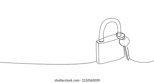 Padlock and key continuous line drawing. One line art of time of protection, security, lock, love, related, key, open, solution, couple, symbolism.