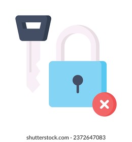 Padlock with key and cross sign, concept icon of broken security
