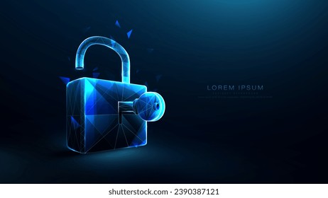 Padlock and Key. Cyber security. Polygonal wireframe mesh lines and triangles, point connecting network on blue background. Illustration vector