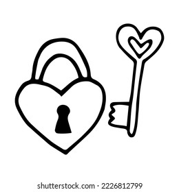 Padlock and key doodle style vector illustration isolated on white background. Valentines day hand drawn graphic