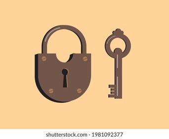 Padlock with key. Flat style illustration.