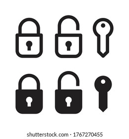 Padlock and key icon design, Lock and unlock security symbol, Silhouette and outline style, Isolated on white background, Vector illustration