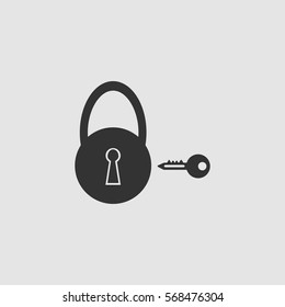 Padlock and key icon flat. Black pictogram on grey background. Vector illustration symbol