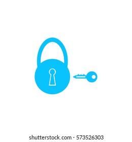 Padlock and key icon flat. Blue pictogram on white background. Vector illustration symbol