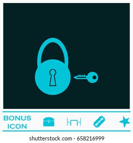 Padlock and key icon flat. Blue pictogram on dark background. Vector illustration symbol and bonus icons