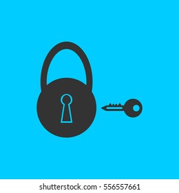 Padlock and key icon flat. Simple vector black pictogram on blue background