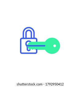 Padlock with key icon vector, filled flat sign, lock and key bicolor pictogram, green and blue colors. Symbol, logo illustration
