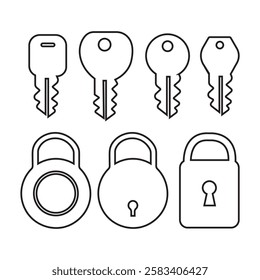 Padlock with key icons set silhouette outline vector art illustration