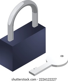 padlock and key illustration in 3D isometric style isolated on background